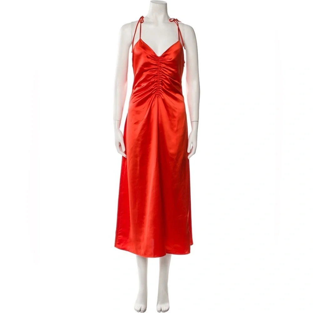 Jason Wu NWT Orange Strappy Ruched Plunge Neckline Midi Slip Dress Size Large - Picture 2 of 10